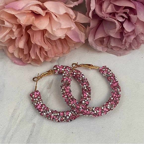 Jewelry | Sparkly Pink Crystal Rhinestone Hoop Earrings | Poshmark
